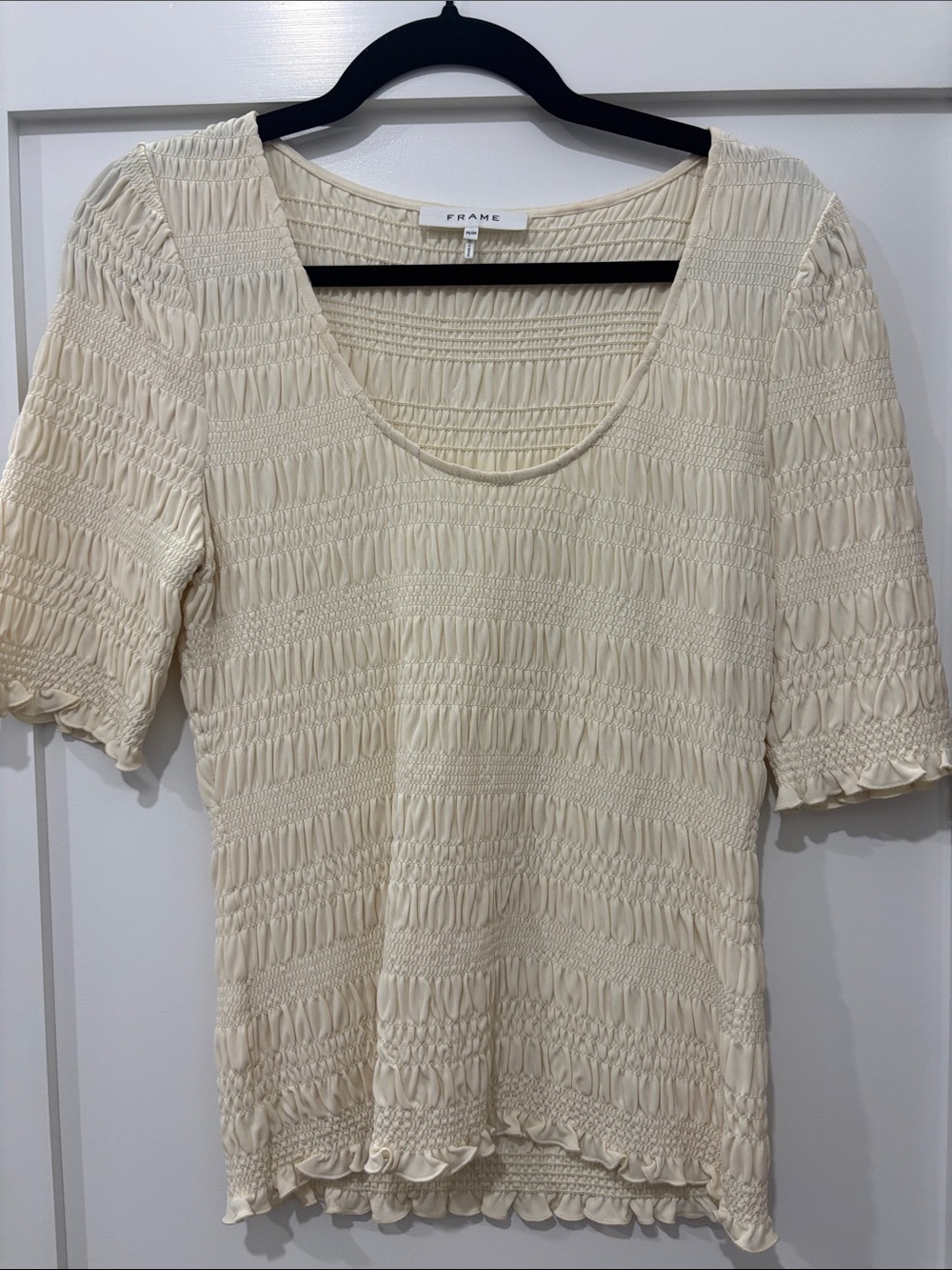 Frame Denim Cream Smocked Scoop-Neck Tunic Top